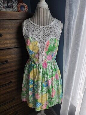 Lily Pulitzer Vibrant Floral Dress with White Crochet Yoke